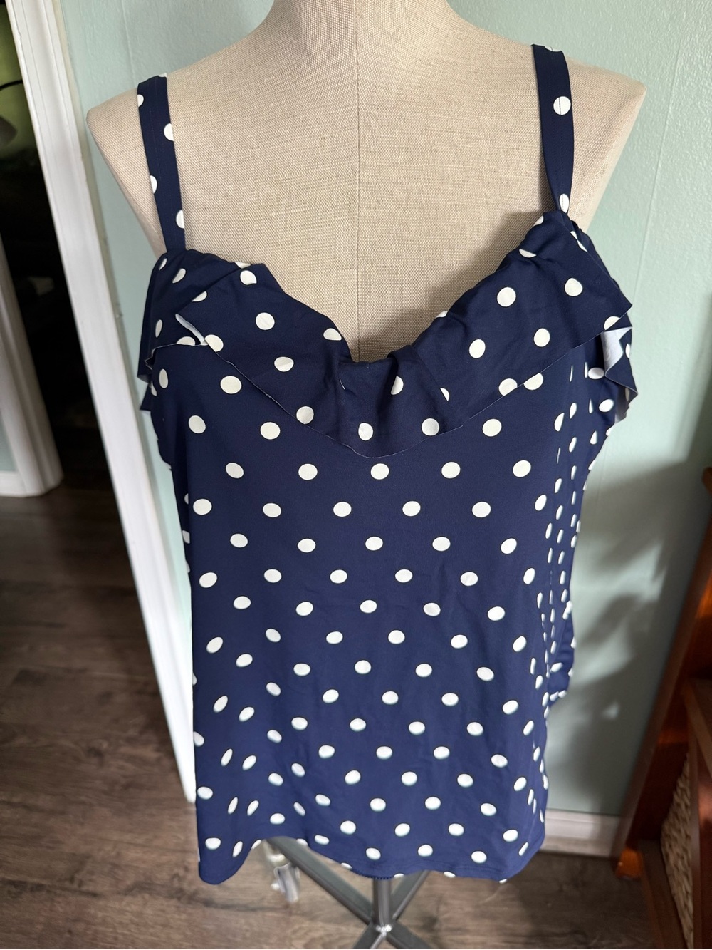 Lands End Navy Blue Polka Dot Structured Underwire Tankini Swimsuit Size 26W